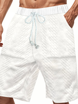 White quilted texture drawstring chino shorts with diamond pattern detail.