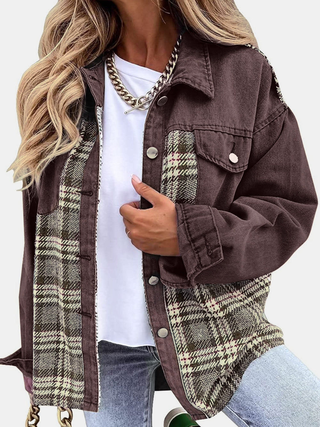 Brown denim hybrid jacket with plaid panels and button front.