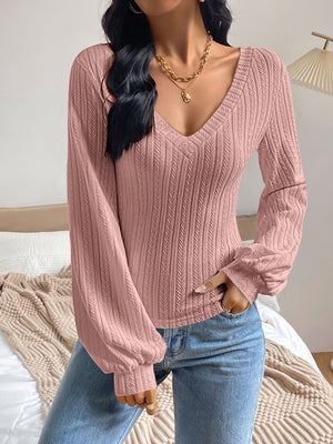 Dusty Pink textured chevron sleeve blouson top with V-neck and balloon sleeves.