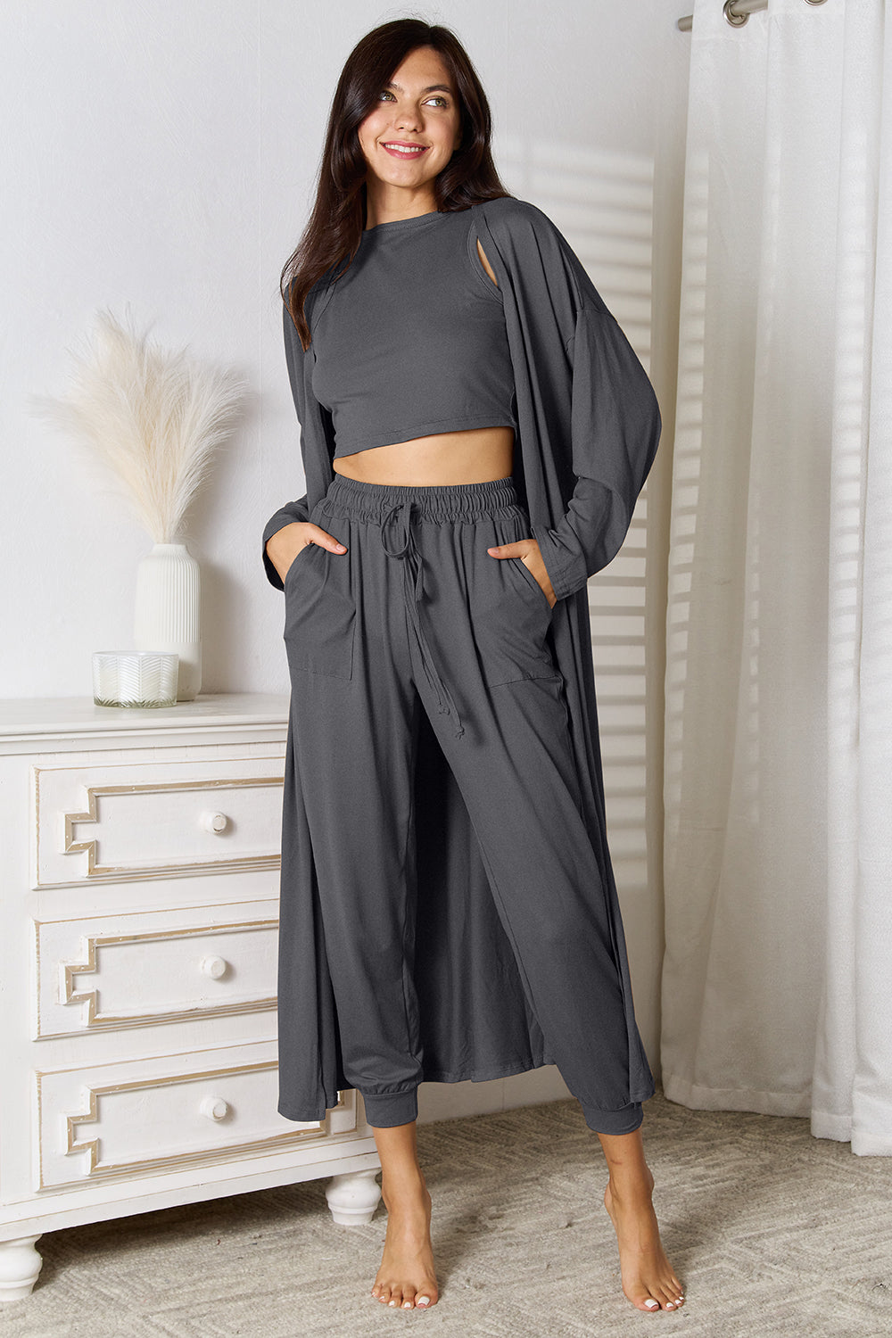 Dark Gray loungewear set with crop top, drawstring pants, and long open cardigan.