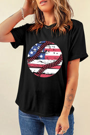 Black t-shirt with a distressed baseball graphic featuring the American flag and red stitching.