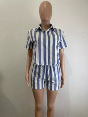 Chic striped two-piece set with button-up shirt and shorts in royal blue and white.