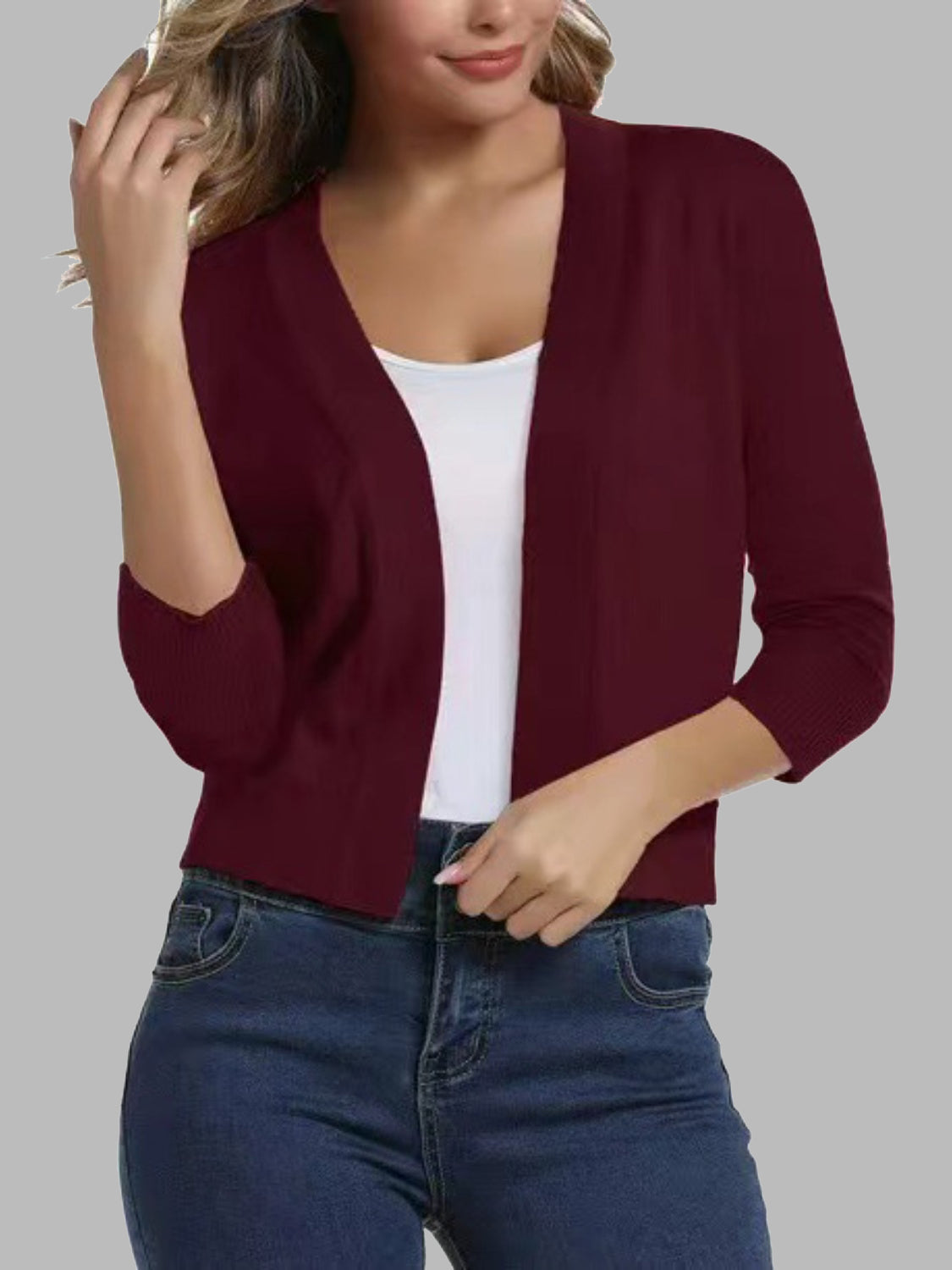 Wine cropped elbow-sleeve open-front knit cardigan with ribbed cuffs.