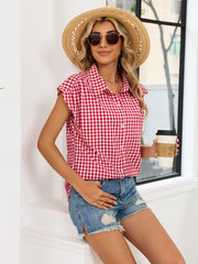 Plaid Button Up Cap Sleeve Shirt in Blue, side view