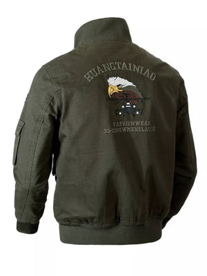 Army green cotton bomber jacket with embroidered eagle and text detail on back.