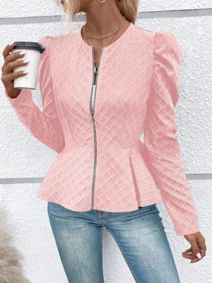 Puff Sleeve Textured Jacquard Jacket in Pink, fabric detail