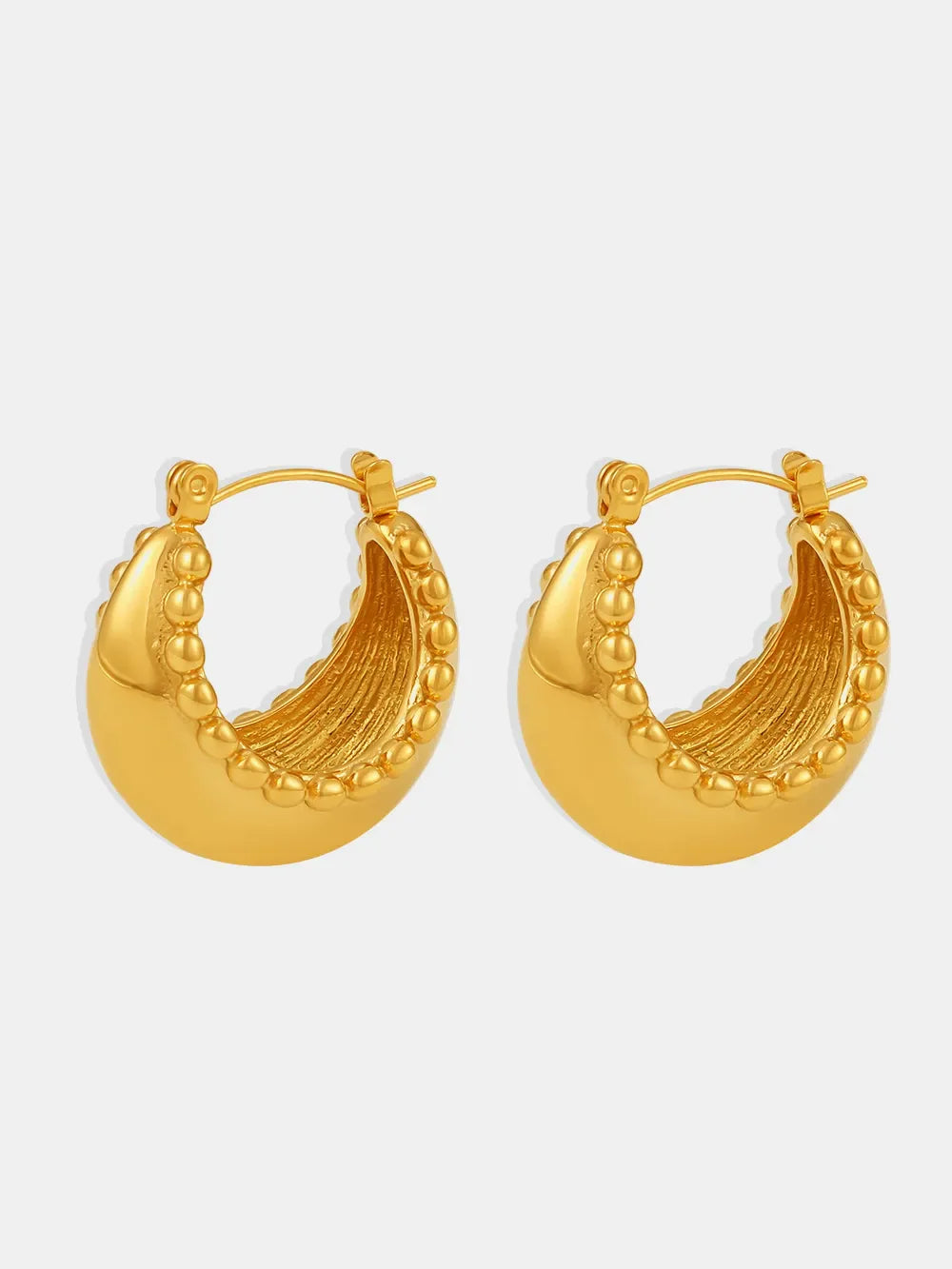 Gold-tone sculpted crescent hoop earrings with beaded edges