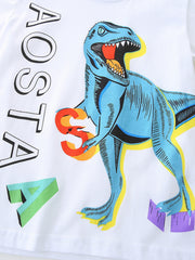 White cotton baby tee with blue dinosaur graphic and colorful letters.