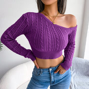 Purple cable knit off-shoulder crop sweater with long sleeves.
