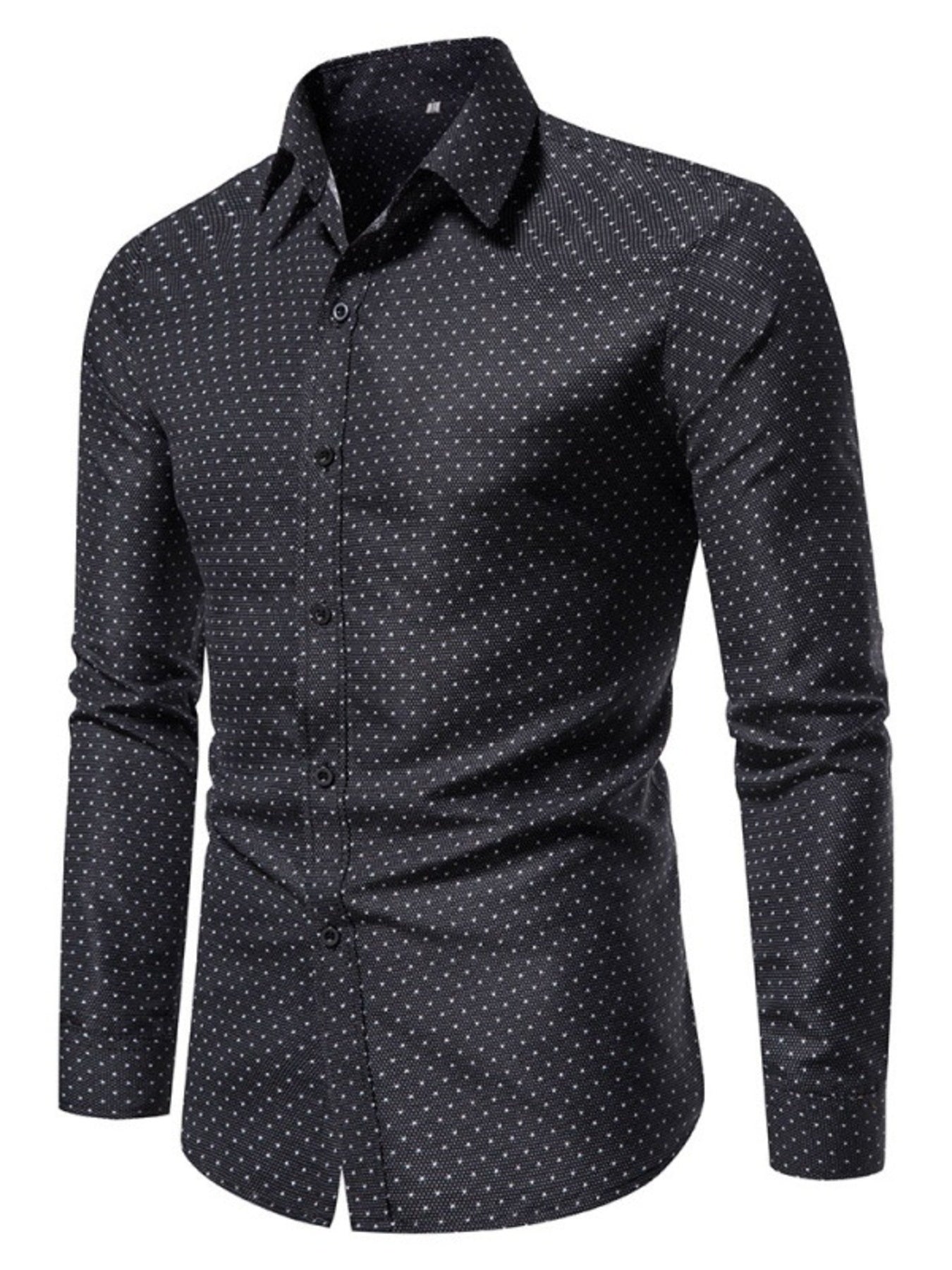 Black cotton slim fit button-up shirt with micro-dot pattern