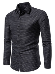 Black cotton slim fit button-up shirt with micro-dot pattern