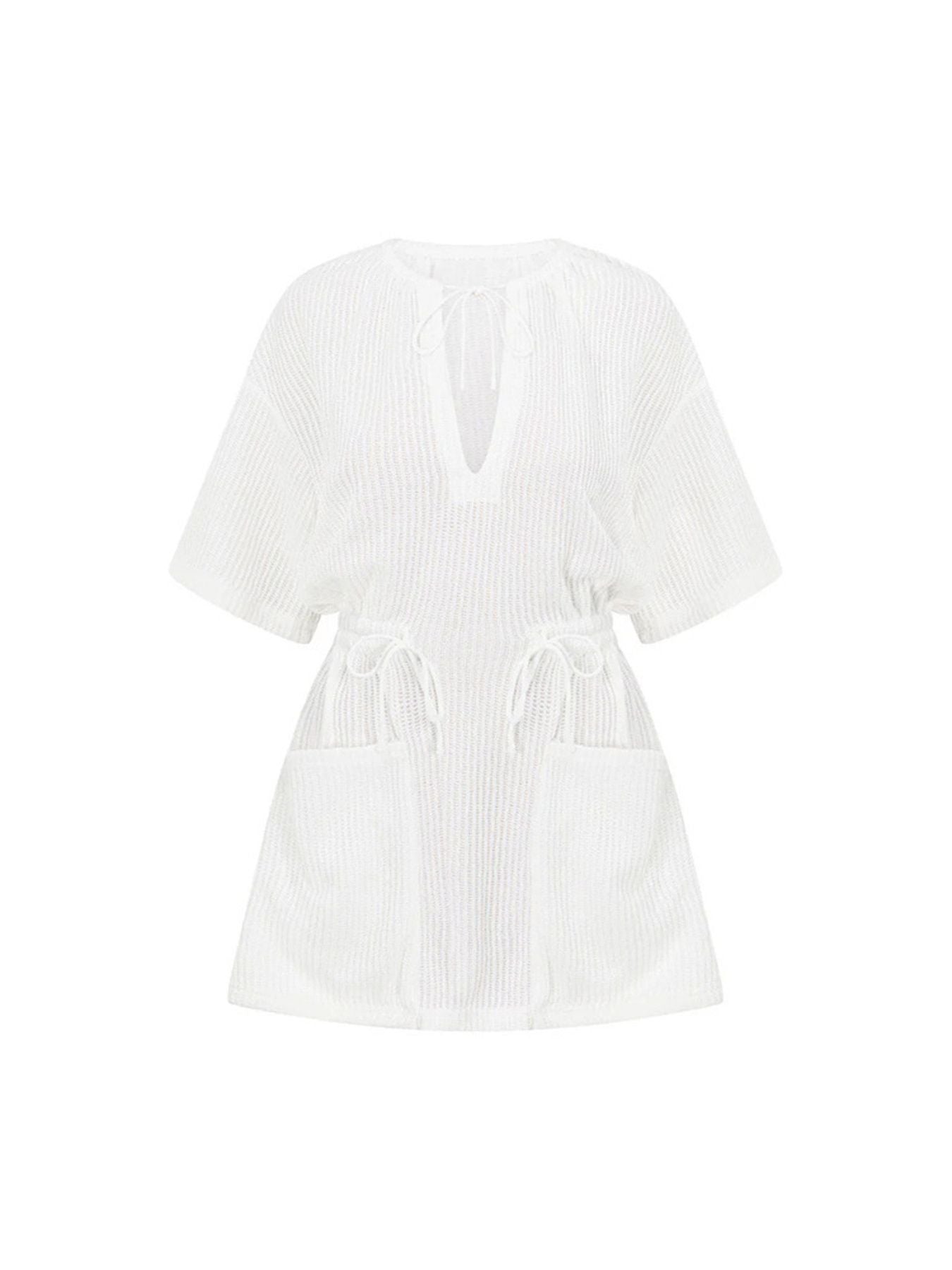 White textured half sleeve cover-up dress with drawstring waist and pockets