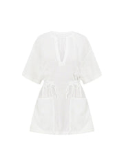 White textured half sleeve cover-up dress with drawstring waist and pockets