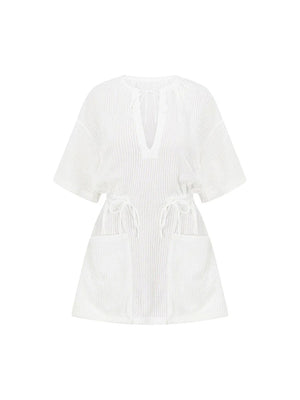 White textured half sleeve cover-up dress with drawstring waist and pockets