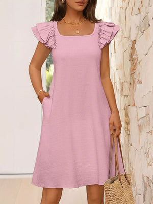 Pink a-line dress with ruffled cap sleeves and square neckline.