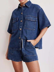 Medium wash denim co-ord set with short sleeve button-up shirt and drawstring shorts.