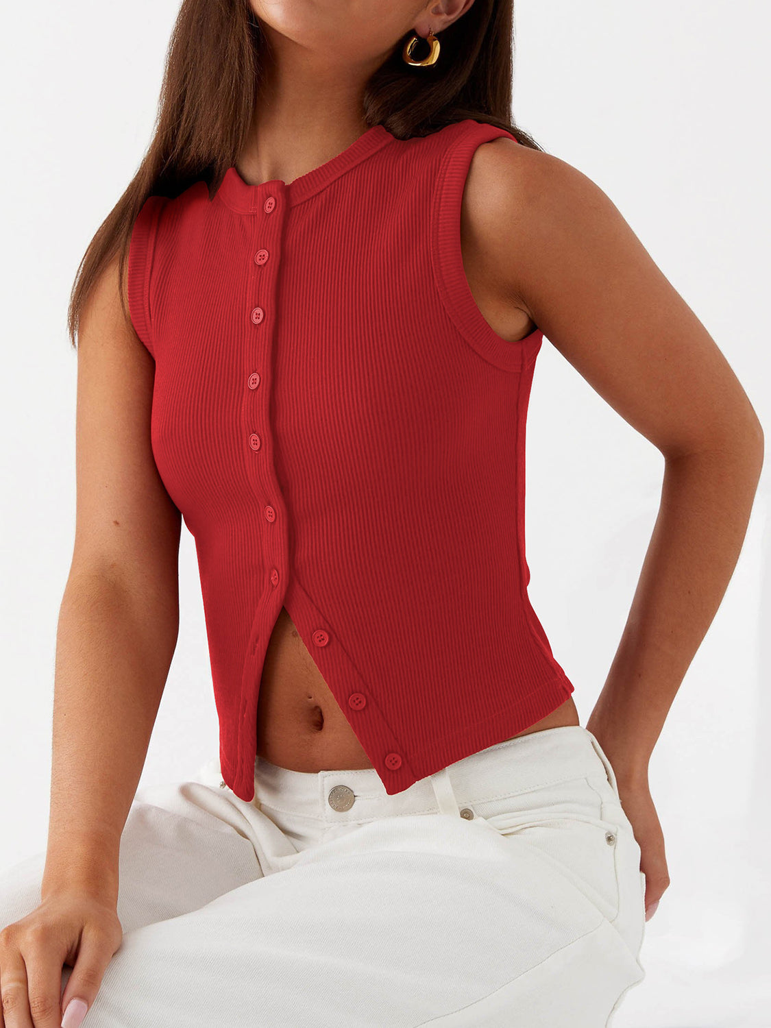 Scarlet ribbed knit button-down crop top with a crew neck and sleeveless design.