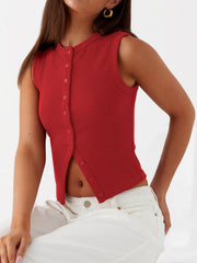 Scarlet ribbed knit button-down crop top with a crew neck and sleeveless design.