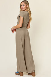 Mocha cropped tee and wide-leg palazzo pants set with a high waist.