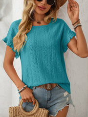 Teal eyelet knit blouse with ruffled short sleeves and a scoop neckline.