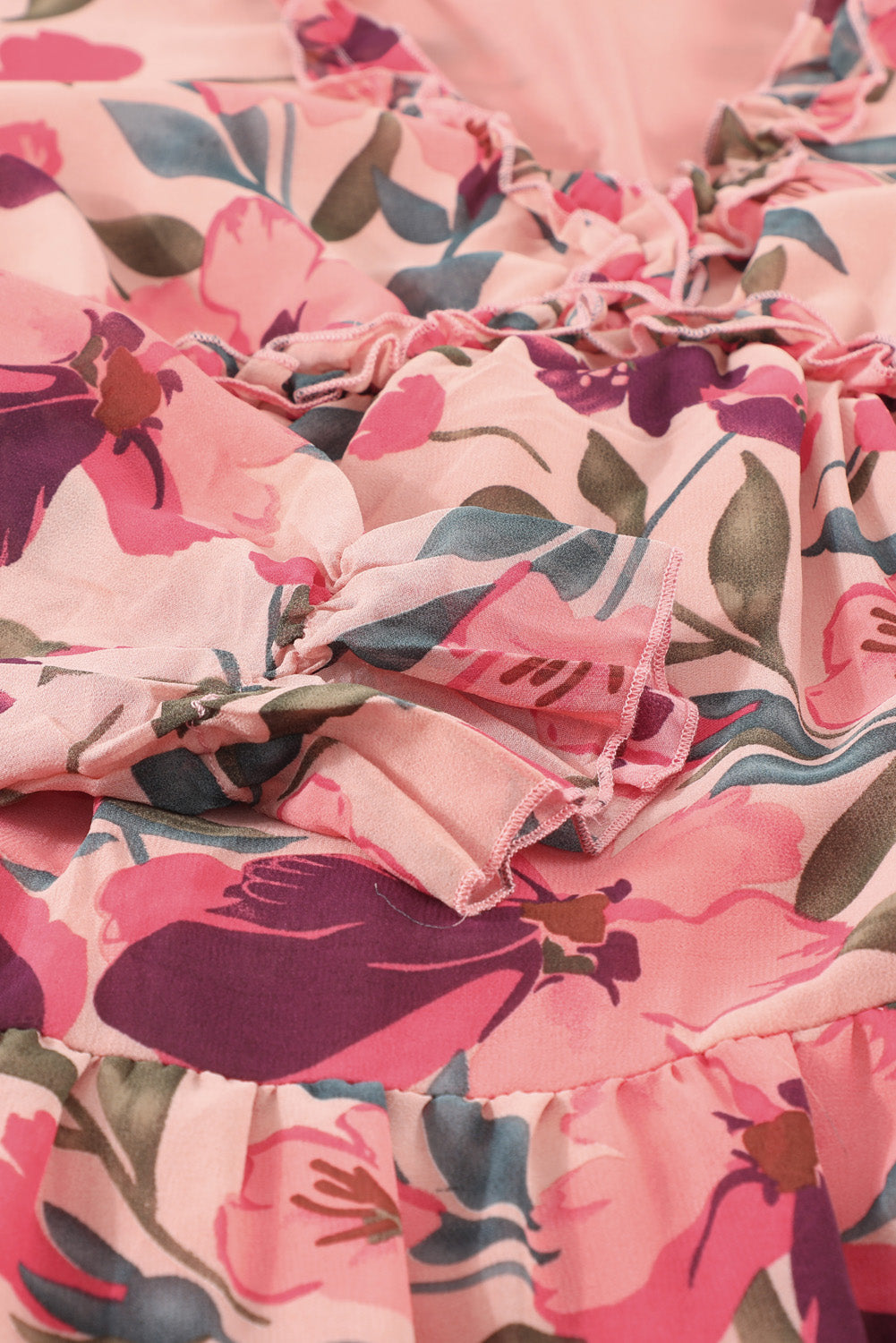 Floral ruffle maxi dress with tiered skirt in pink floral print.