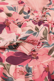 Floral ruffle maxi dress with tiered skirt in pink floral print.