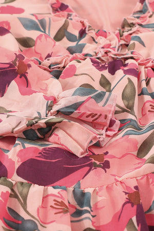 Floral ruffle maxi dress with tiered skirt in pink floral print.