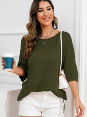 Army green textured knit sweater with boat neck and slit hem
