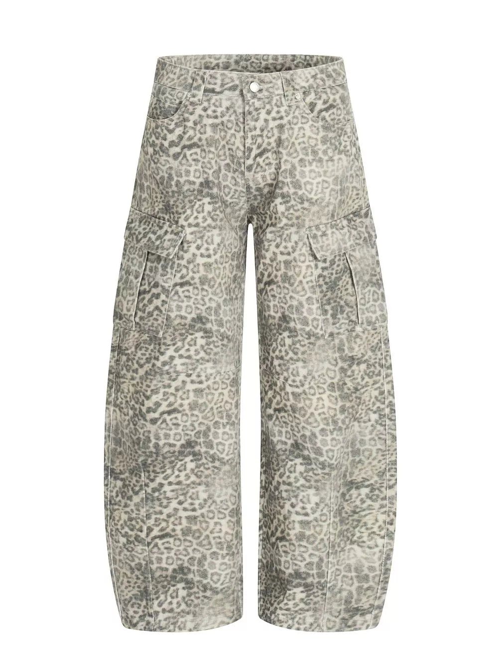 Men's grey leopard print wide-leg cargo sweatpants with flap pockets.