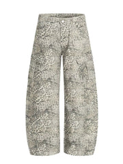 Men's grey leopard print wide-leg cargo sweatpants with flap pockets.