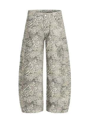 Men's grey leopard print wide-leg cargo sweatpants with flap pockets.