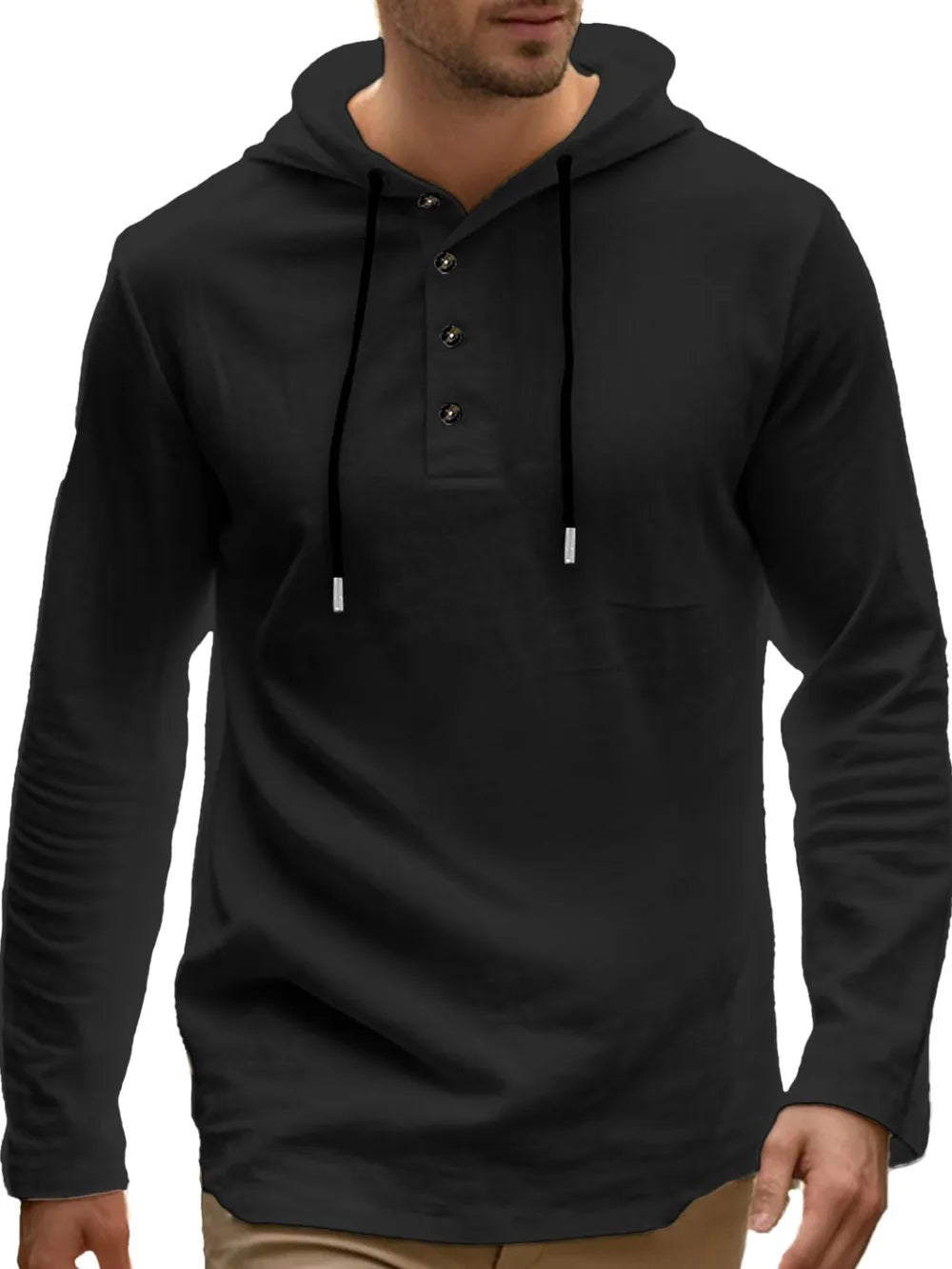 Black linen blend henley hooded shirt with button placket and drawstring hood.