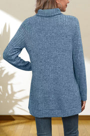 Ribbed knit turtleneck tunic top in Sky Blue with long sleeves and a relaxed fit.