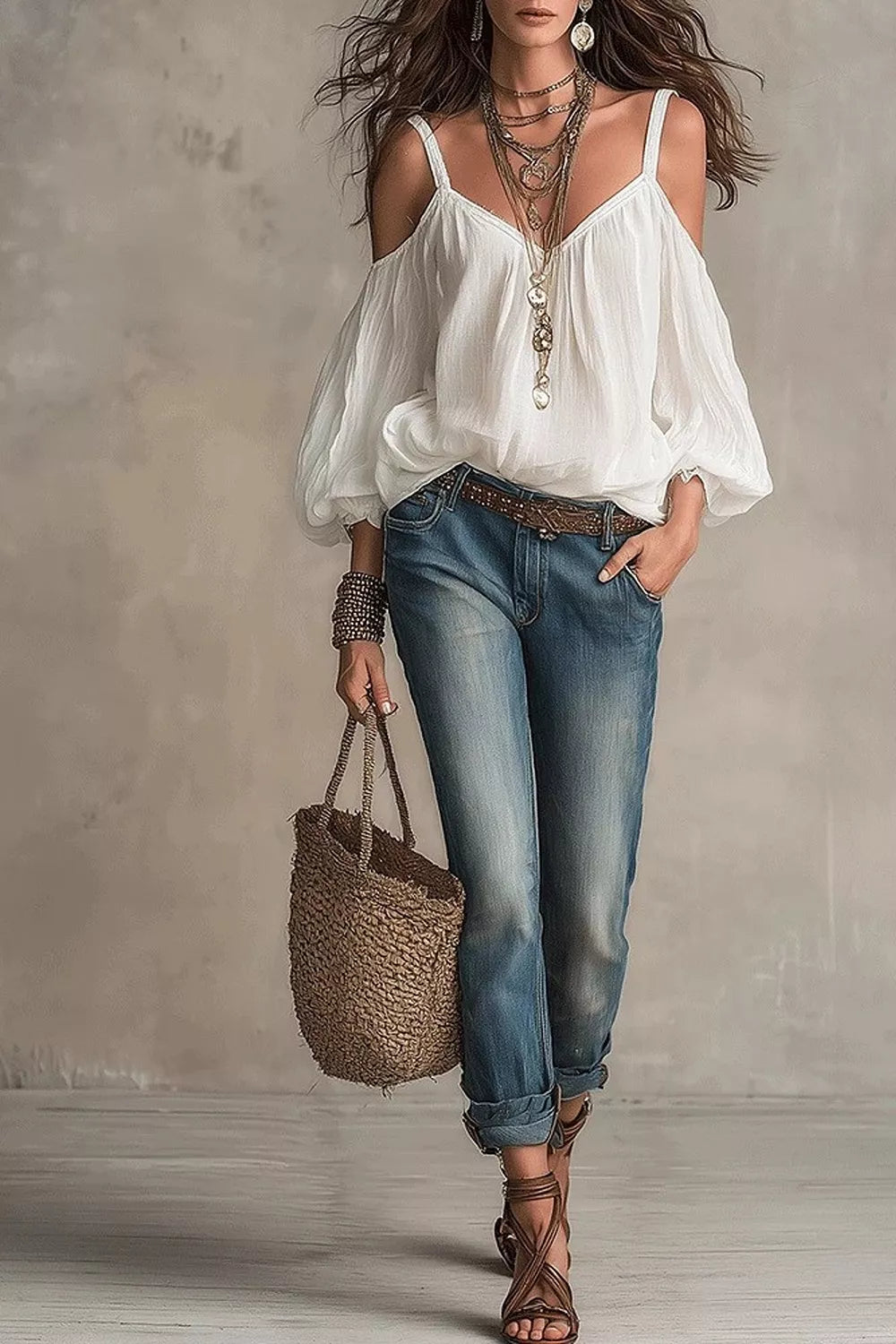 Cold Shoulder Balloon Sleeve Blouse in White, side view