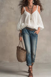 Cold Shoulder Balloon Sleeve Blouse in White, side view