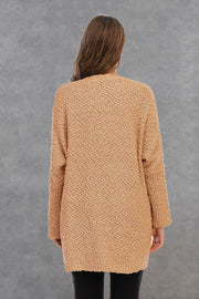 Khaki textured cocoon cardigan with long sleeves and open front.