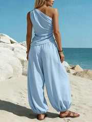 Draped One-shoulder Top & Wide-leg Pants Set