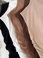 Textured ruching mock neck tank tops in black, white, brown, and apricot.