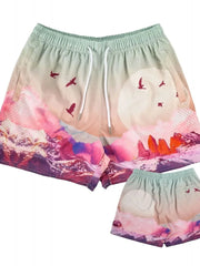 Mesh athletic shorts with a mountain and bird print in pink, purple, and blue.