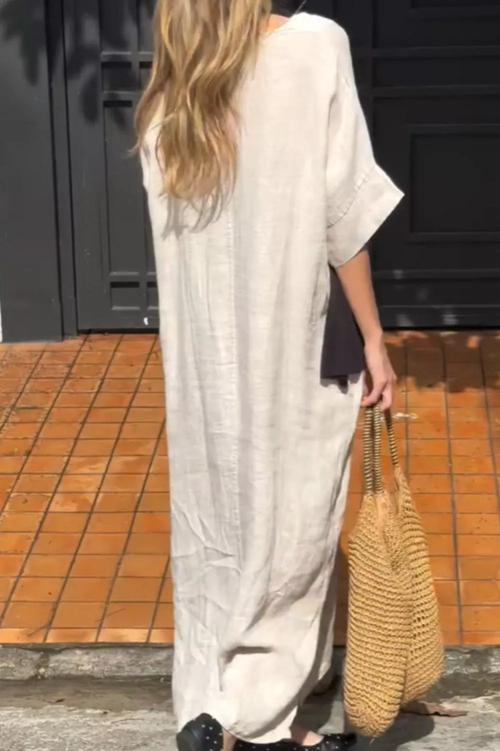 Full Size V-neck Maxi Dress Plus Size in Navy Blue, back view