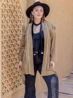 Camel suede wrap jacket with embroidered trim and belt.