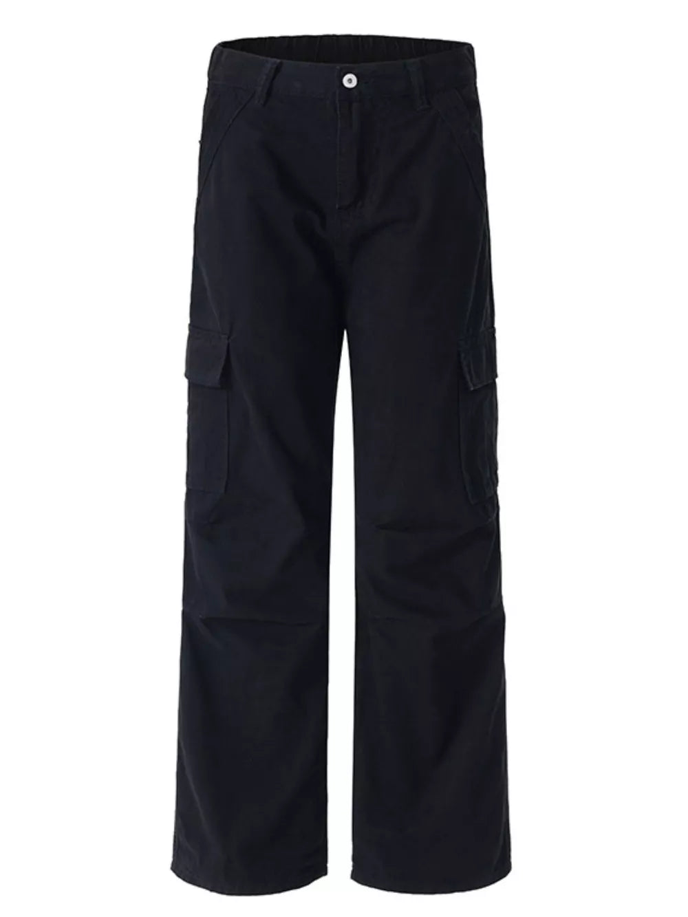 Black cotton wide-leg cargo pants with multiple pockets and belt loops.