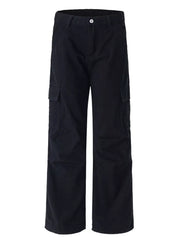 Black cotton wide-leg cargo pants with multiple pockets and belt loops.