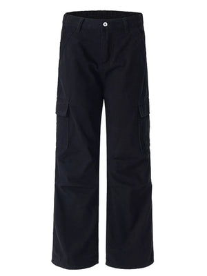 Black cotton wide-leg cargo pants with multiple pockets and belt loops.