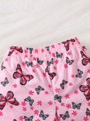 Pink baby girls' set with elastic waistband and allover butterfly and floral print.