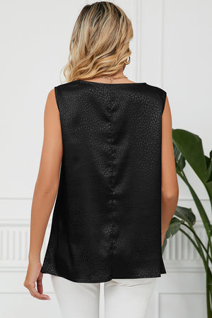 Black jacquard tank top with drape neckline and subtle animal print pattern.