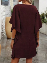 Burgundy mini dress with ruffled sleeves and V-neck, casual style.