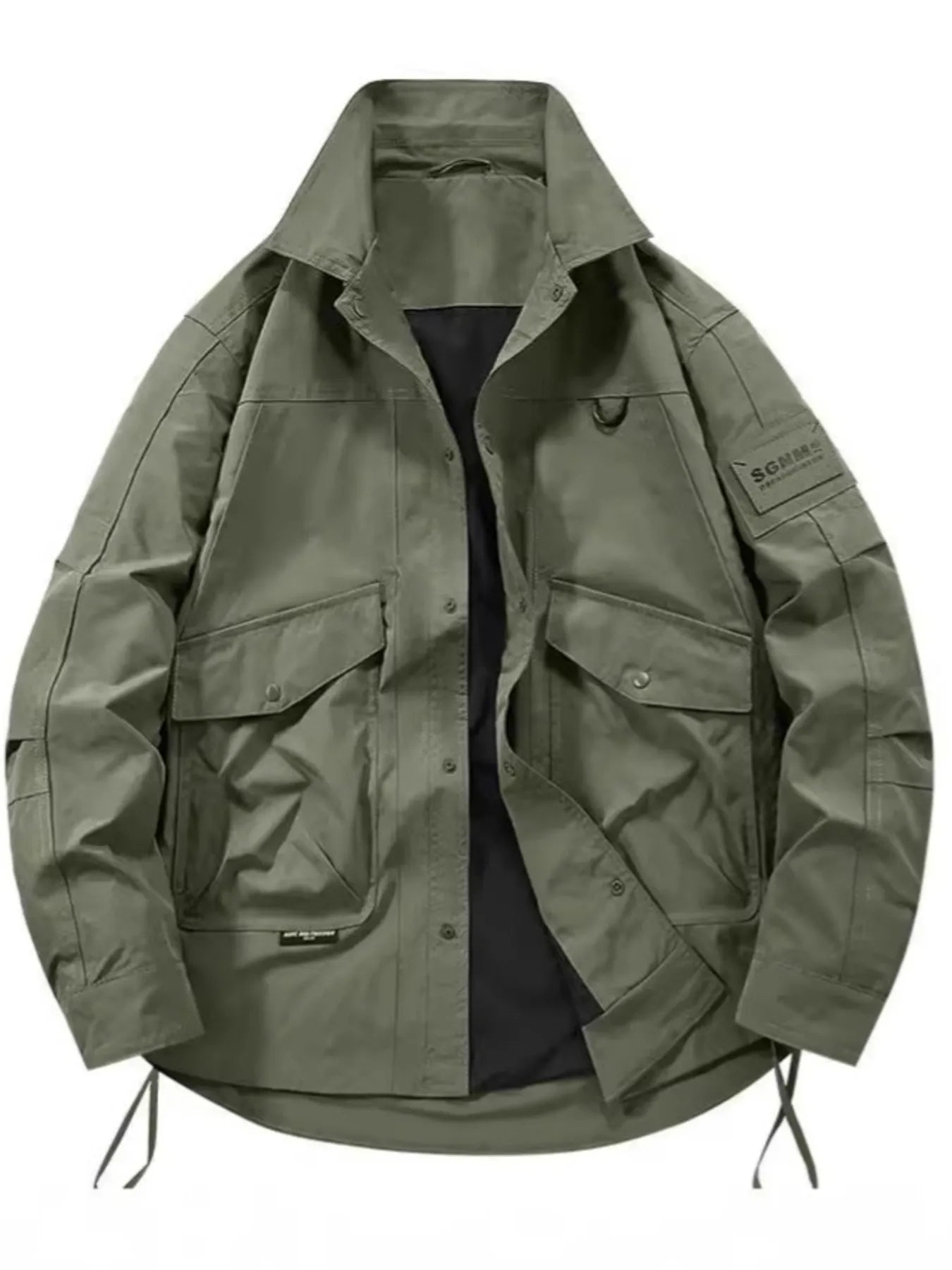 Oversized Army Green Cargo Jacket with multiple pockets and drawstring hem.