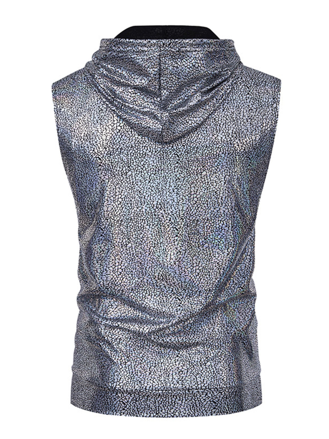 Men's silver iridescent sleeveless hooded tank top with cracked pattern