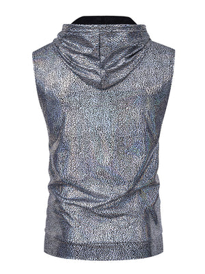 Men's silver iridescent sleeveless hooded tank top with cracked pattern